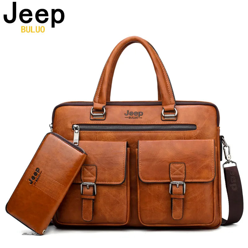 JEEP BULUO Herren Business Briefcase 2-teiliges Set – Hochwertige Split-Leder Aktentasche für 13,3 Zoll Laptop & A4 Unterlagen