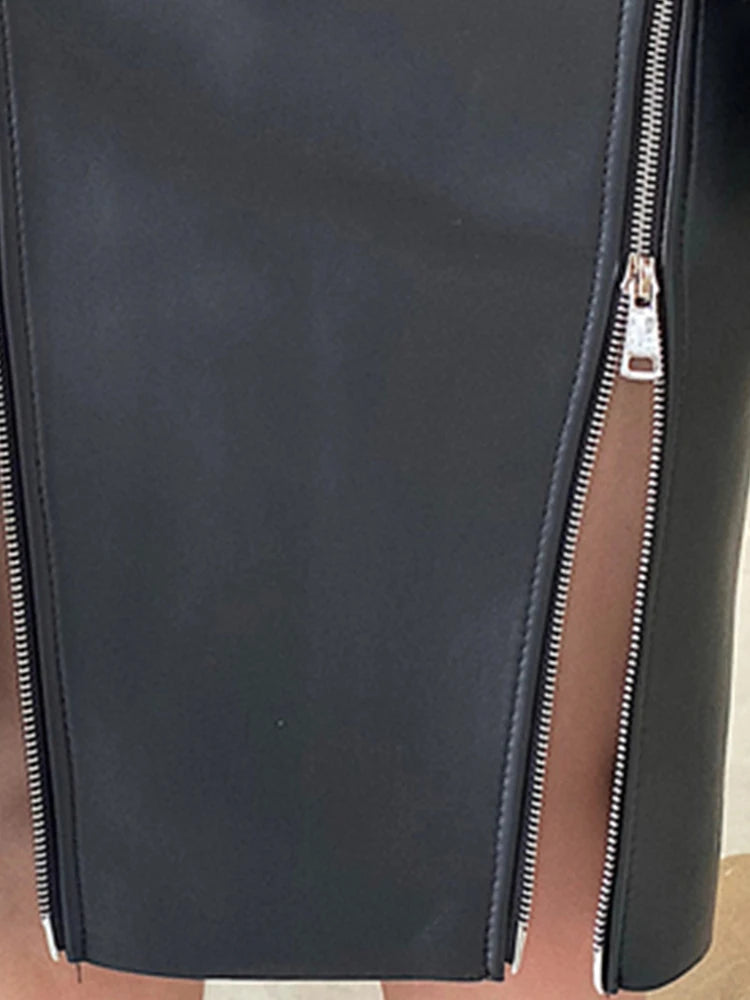 Damen PU Leder Midi Rock Schwarz – High Waist Bleistiftrock mit Doppel-Schlitz & Reißverschluss, eleganter Office- & Streetwear-Style