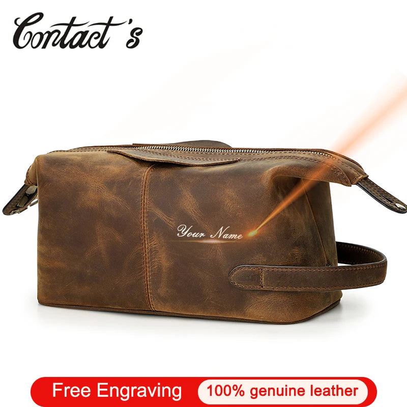 Herren Kulturbeutel aus echtem Crazy Horse Leder – Vintage Reisekosmetiktasche mit großer Kapazität 