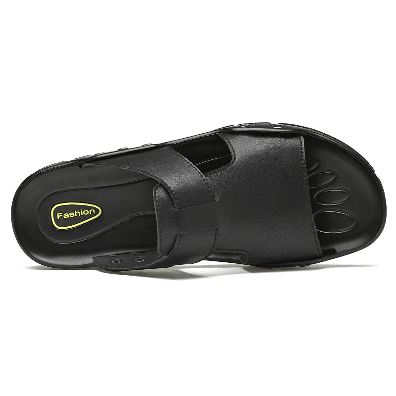 Herren Leder Slides Sommer – Schwarze Slip-On Sandalen aus echtem Leder, Extra große Größen bis 52, Bequeme Beach & Outdoor Slipper