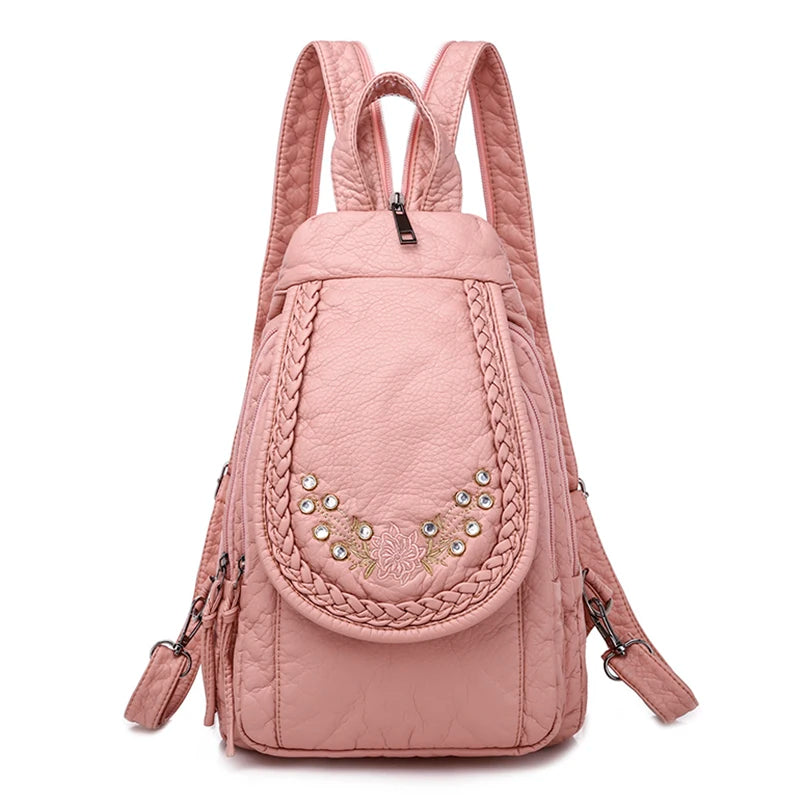 KMFFLY Damen Rucksack Weiß – Weicher Washed PU Leder Rucksack mit Blumenstickerei, klein & vielseitig
