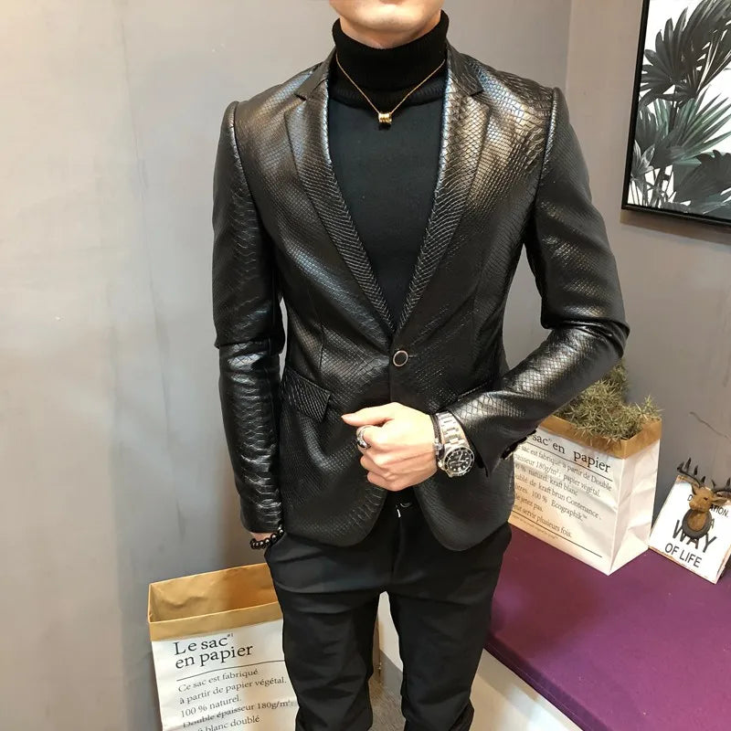 Herren PU Lederblazer mit Schlangenprägung – Slim Fit Smart-Casual Sakko mit Fleece-Futter für Business & Herbst/Winter