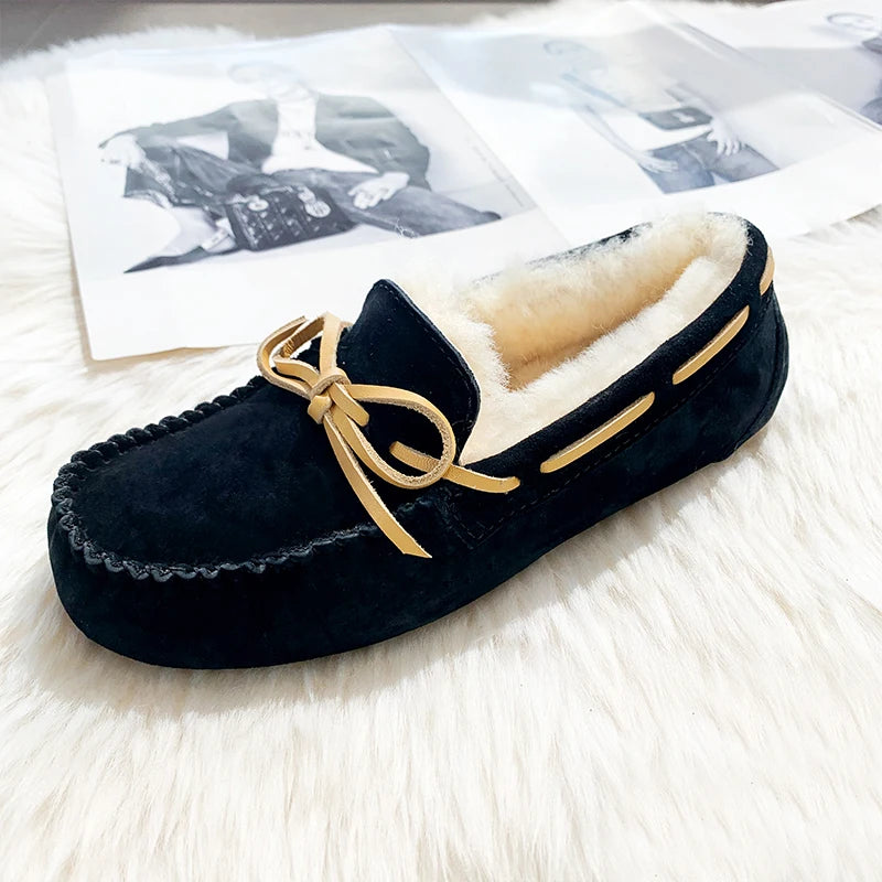 GRWG Chaussures plates en cuir pour femme – Mocassins faits à la main en cuir véritable avec loup, chaussures à enfiler chaudes pour l'hiver