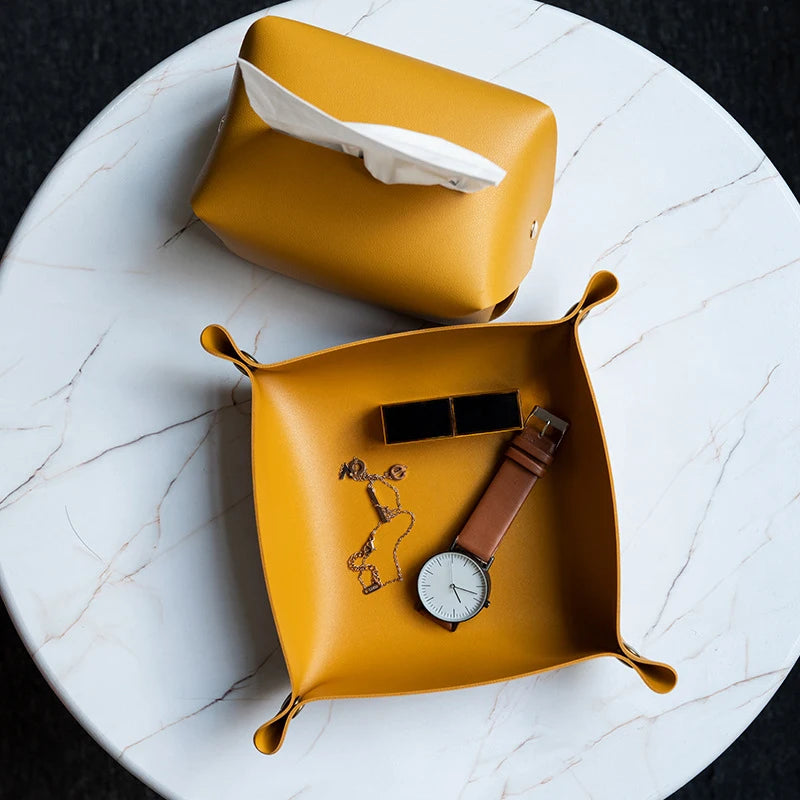 Moderne PU Leder Ablageschale - Bandeja decorativa para guardar cosméticos, geles y maquillaje (20 × 20 cm / 25 × 25 cm)