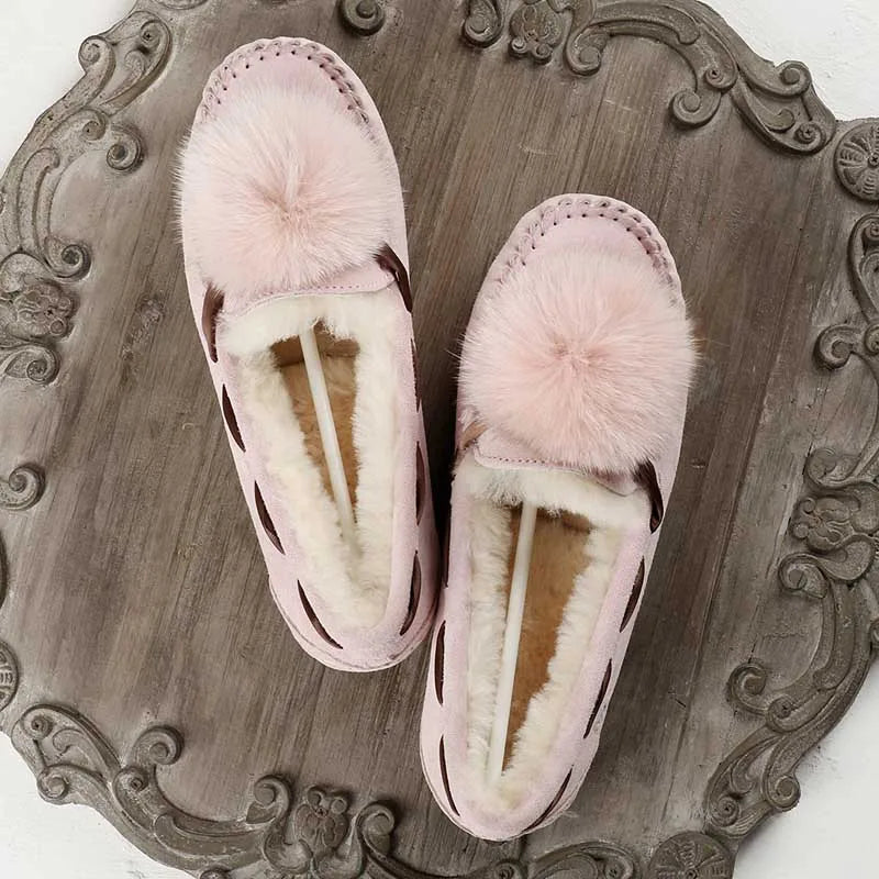 GRWG Mocassins en cuir pour femmes – Mocassins d'hiver faits à la main en peau de porc véritable, avec des chaussures plates à enfiler avec des chaussures en laine