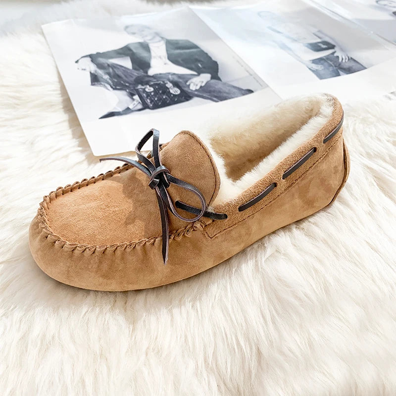 GRWG Chaussures plates en cuir pour femme – Mocassins faits à la main en cuir véritable avec loup, chaussures à enfiler chaudes pour l'hiver