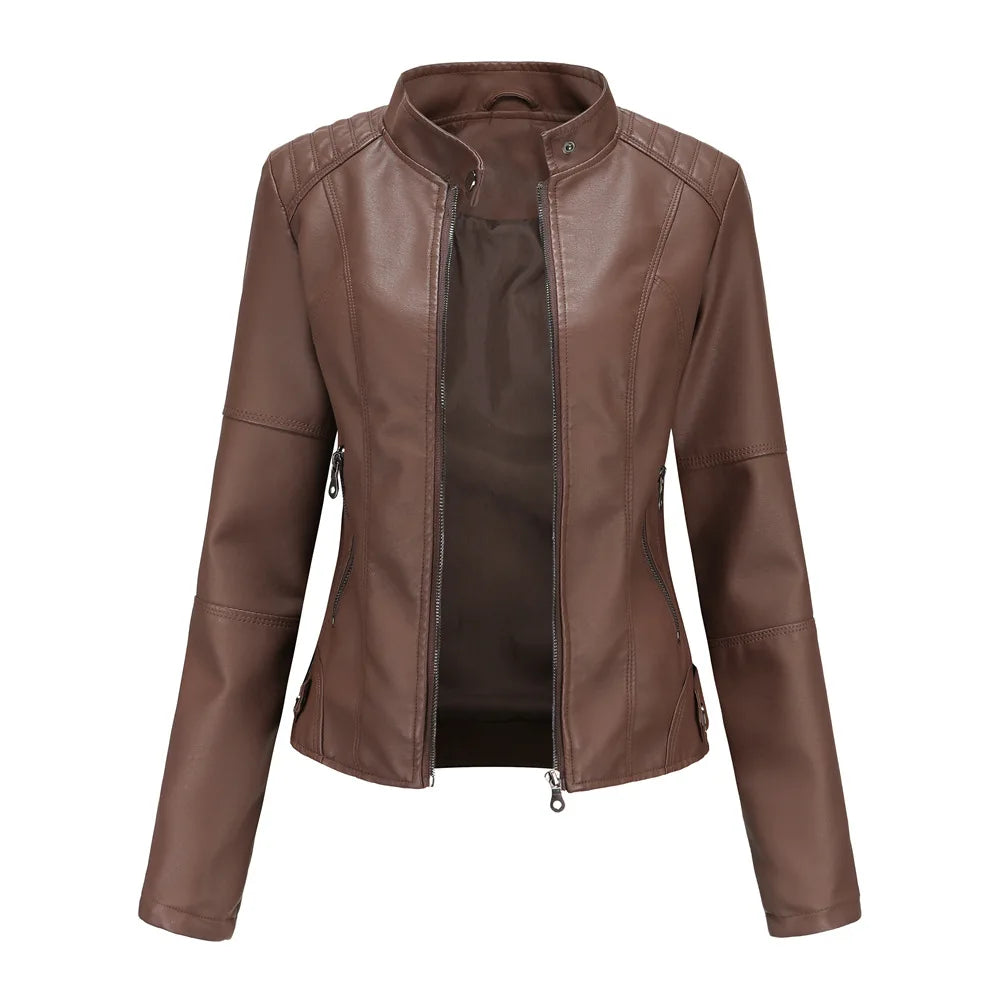 Damen PU Lederjacke 2025 – Bikerjacke mit Stehkragen, Schwarze Casual-Motorjacke für Frühling & Herbst