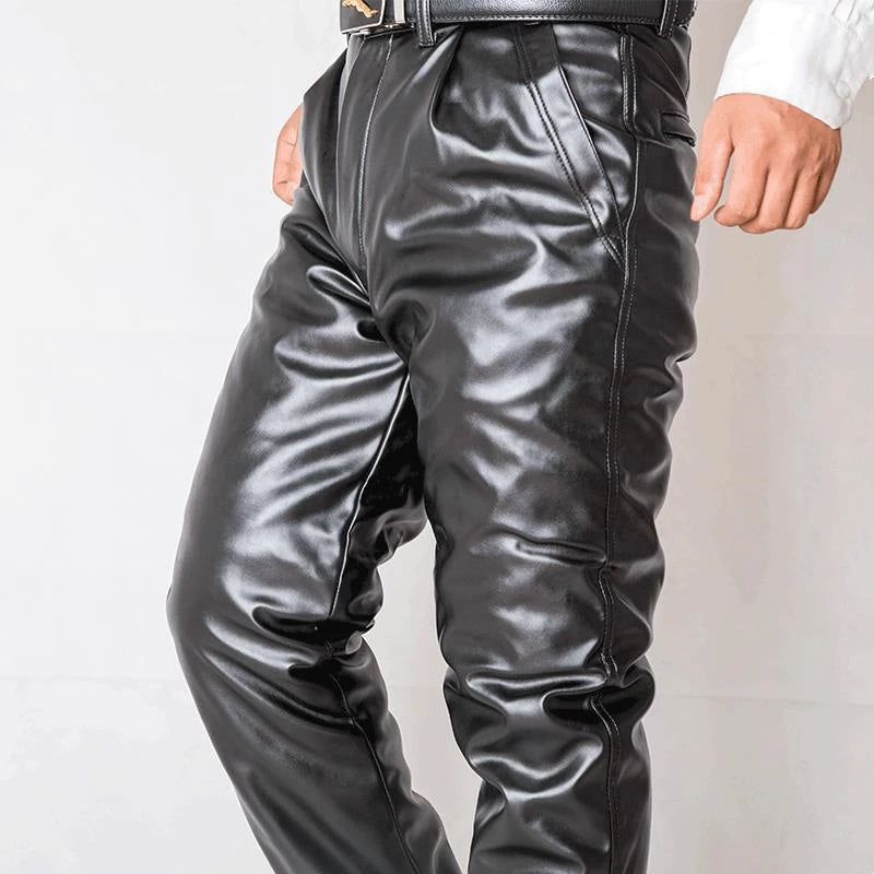Herren PU Lederhose mit Fleece-Futter – Warme, wind- & wasserabweisende Motorrad-Hose im geraden Schnitt, Winterhose bis Plus Size