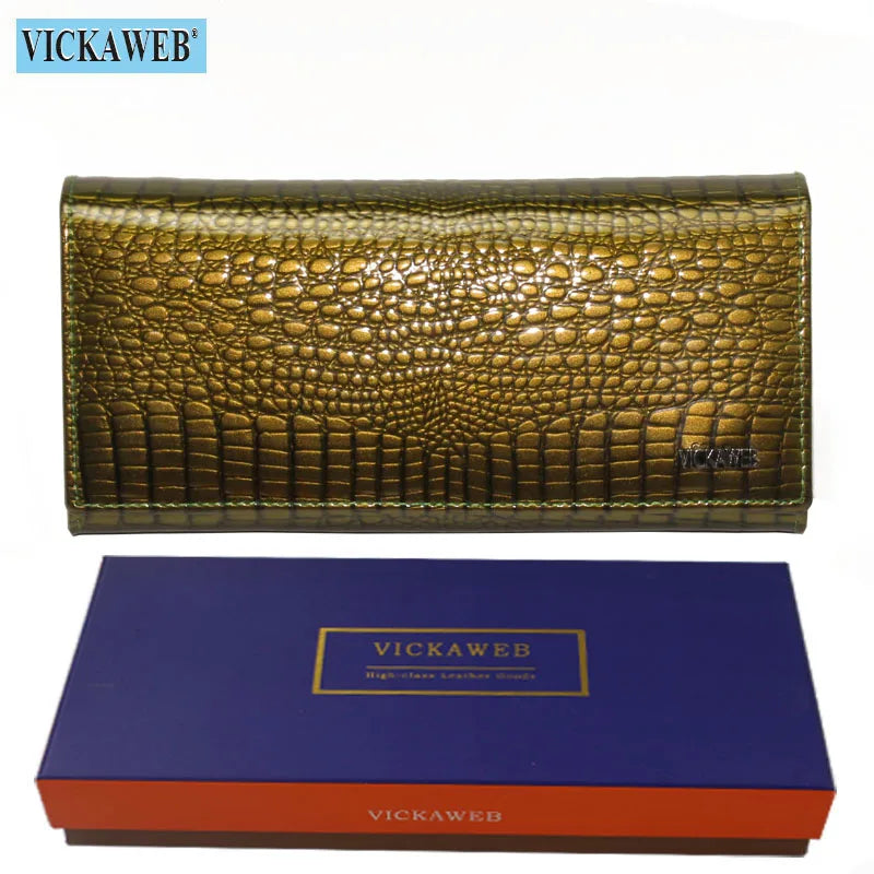 VICKAWEB Damen Geldbörse aus echtem Leder - Lange Fashion Wallet mit Doppel-Reißverschluss, großer Kapazität &amp; Alligator-Prägung (VK-AE501) 