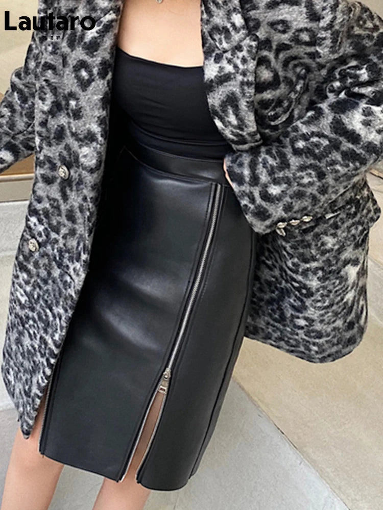 Damen PU Leder Midi Rock Schwarz – High Waist Bleistiftrock mit Doppel-Schlitz & Reißverschluss, eleganter Office- & Streetwear-Style