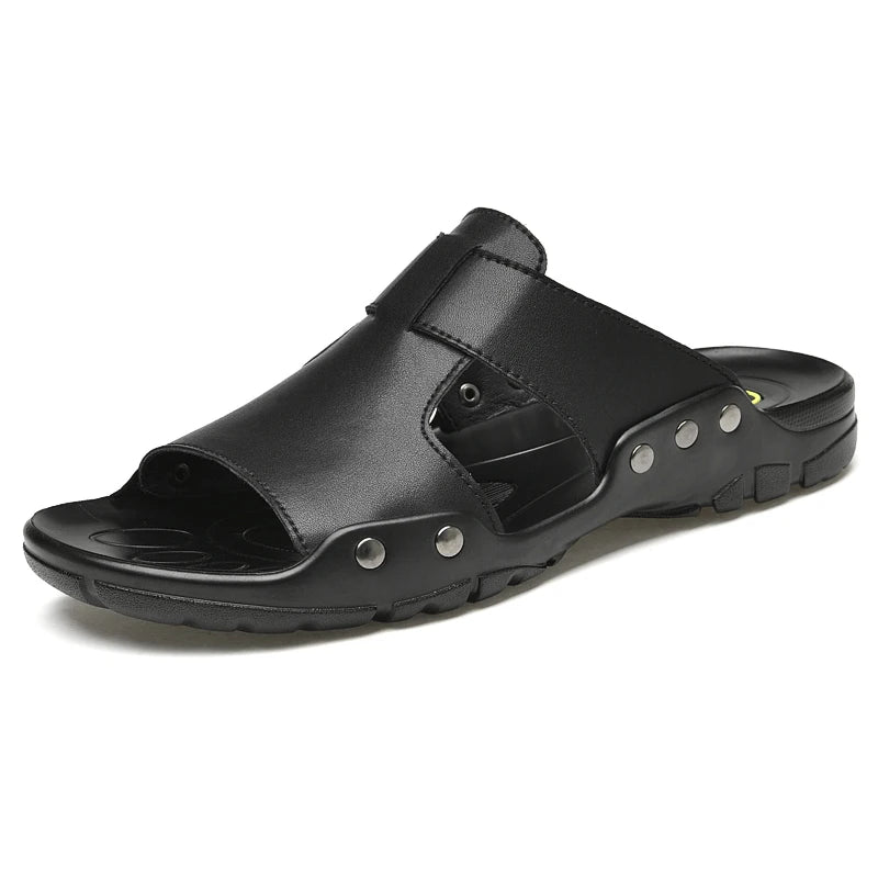 Herren Leder Slides Sommer – Schwarze Slip-On Sandalen aus echtem Leder, Extra große Größen bis 52, Bequeme Beach & Outdoor Slipper