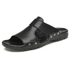 Herren Leder Slides Sommer – Schwarze Slip-On Sandalen aus echtem Leder, Extra große Größen bis 52, Bequeme Beach & Outdoor Slipper