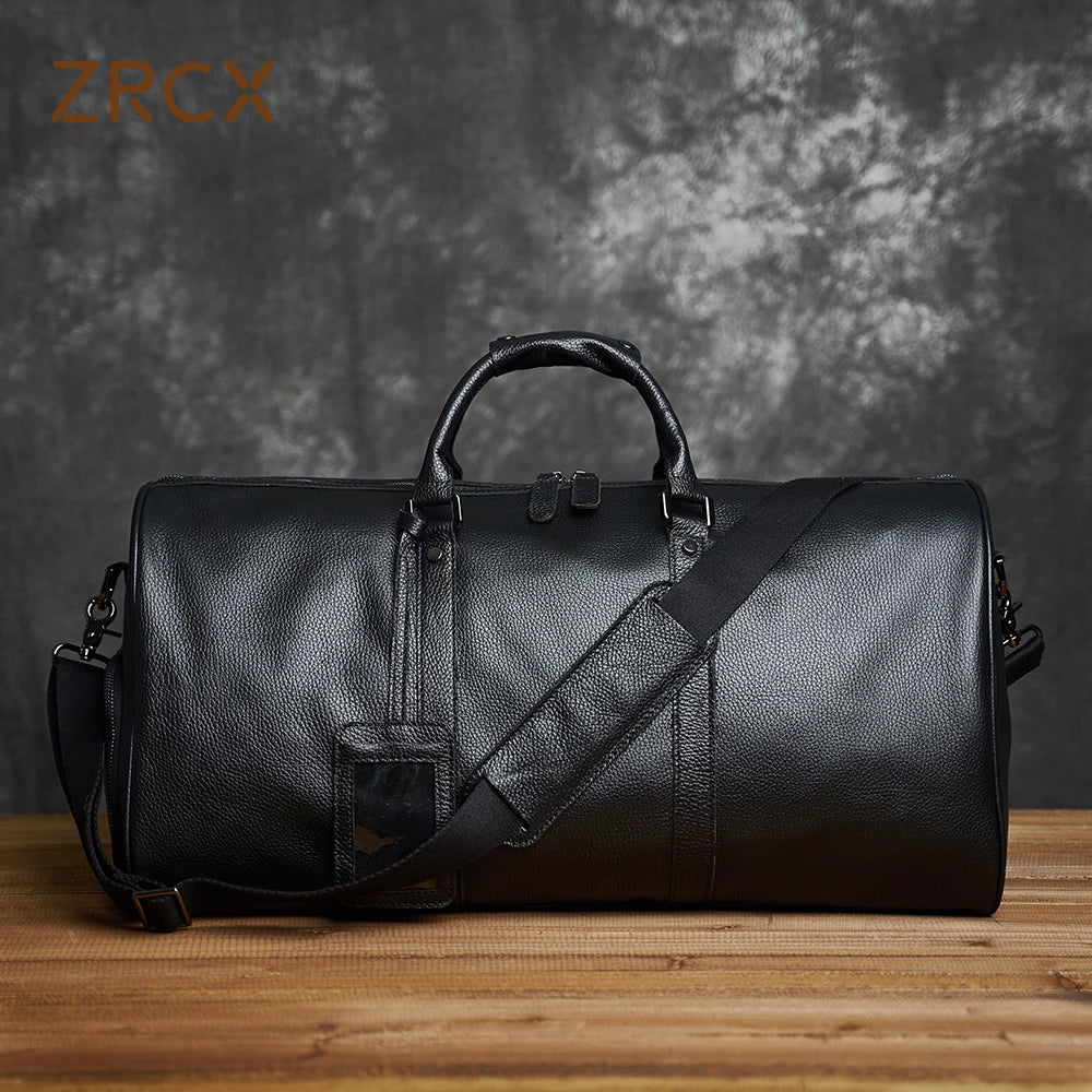 ZRCX Reise- & Weekender Tasche aus echtem Rindsleder – Große Leder Duffle Bag in Schwarz, Handgepäck & Schultertasche für Damen und Herren