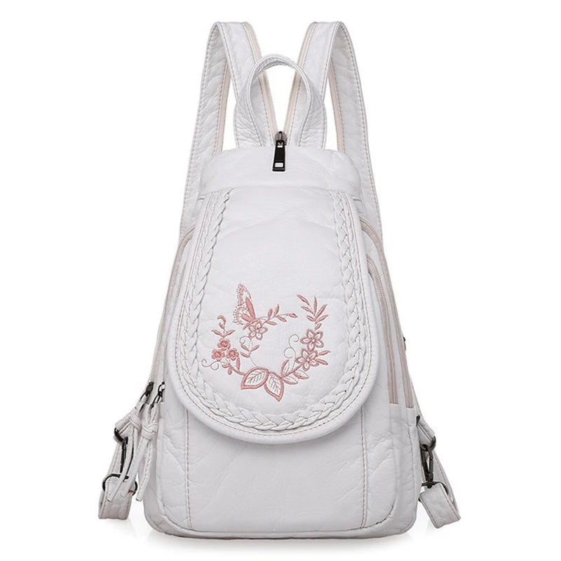 KMFFLY Damen Rucksack Weiß – Weicher Washed PU Leder Rucksack mit Blumenstickerei, klein & vielseitig