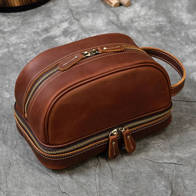 Hochwertige Kleine Reise-Kosmetiktasche aus Crazy Horse Leder – Vintage Leder Wash- &amp; Make-up Bag para hombres 