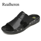 Herren Leder Slides Sommer – Schwarze Slip-On Sandalen aus echtem Leder, Extra große Größen bis 52, Bequeme Beach & Outdoor Slipper