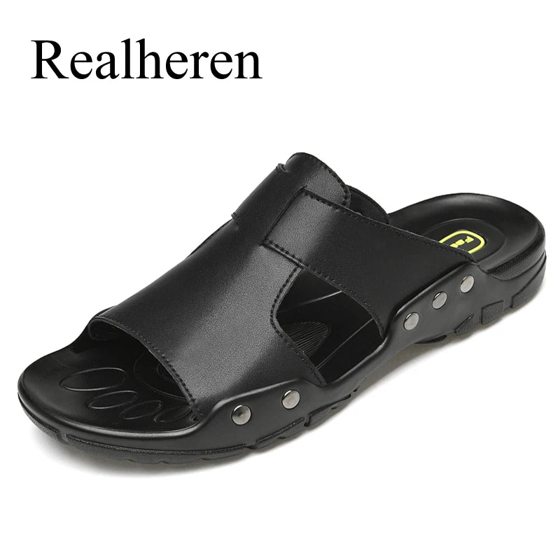 Herren Leder Slides Sommer – Schwarze Slip-On Sandalen aus echtem Leder, Extra große Größen bis 52, Bequeme Beach & Outdoor Slipper