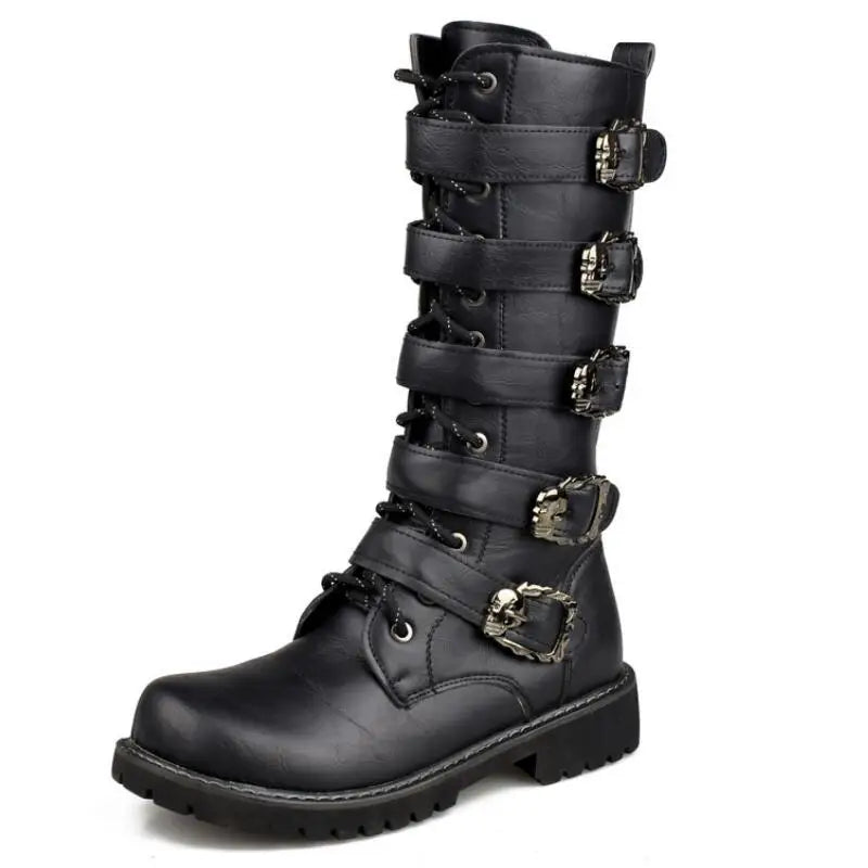 OLOMM Herren Motorrad- & Combat Boots – Punk Gothic Mid-Calf Stiefel aus PU Leder, Rock-Punk Schuhe, Größen 38-46