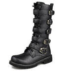 OLOMM Herren Motorrad- & Combat Boots – Punk Gothic Mid-Calf Stiefel aus PU Leder, Rock-Punk Schuhe, Größen 38-46