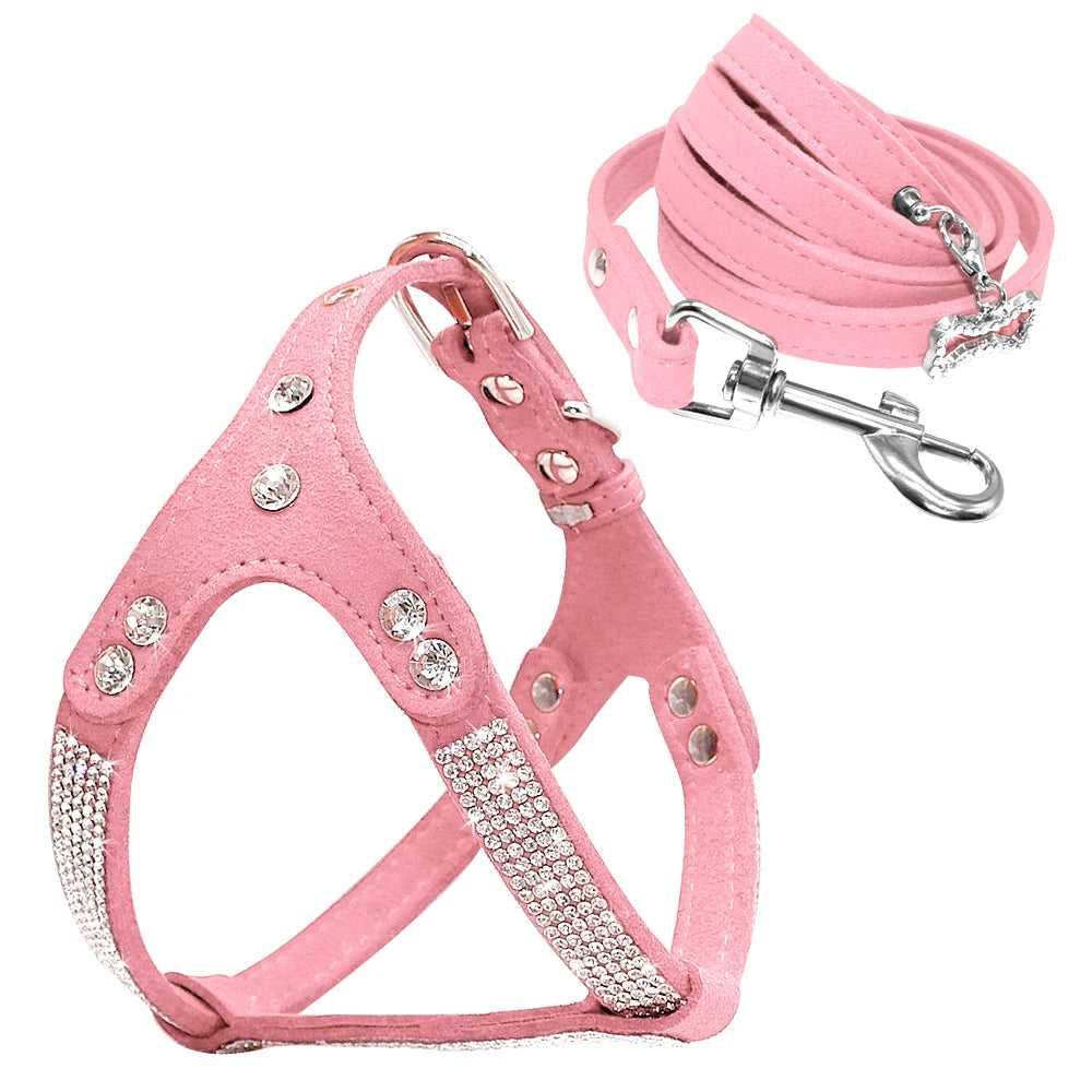 Bling Hunde-Geschirr aus Wildleder mit Strass – Elegantes Rhinestone Welpen- &amp; Katzengeschirr para Chihuahua, Mops y Französische Bulldogge (S–L) 