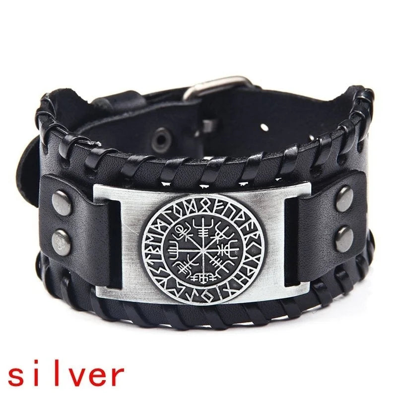 Totem Design Wide Leather Pirate Compass Bracelet Men's Bracelet Celtic Viking Jewelry Compass Bracelet Accessories Party Gifts