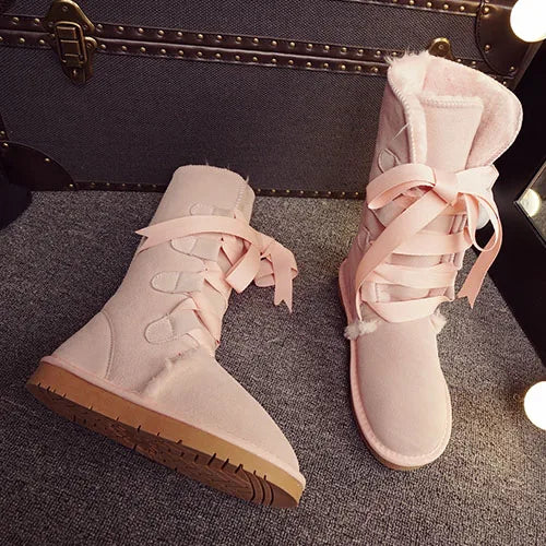 GRWG Damen Schneestiefel aus 100 % echtem Rindsleder – Kniehohe Winterstiefel mit Warmfutter &amp; flacher Sohle