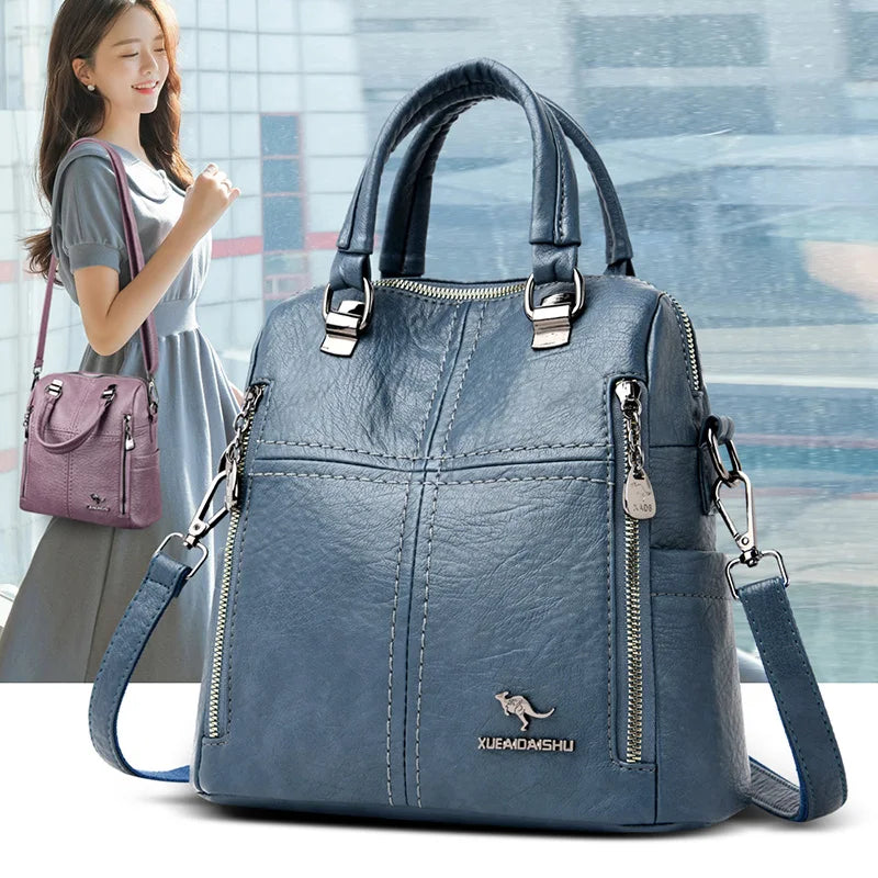 Damen Lederlook Rucksack – Multifunktionaler PU-Rucksack für Schule, Reise & Alltag im Preppy Style