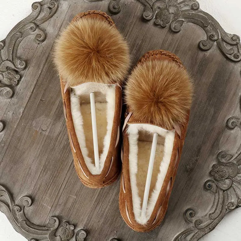 GRWG Mocassins en cuir pour femmes – Mocassins d'hiver faits à la main en peau de porc véritable, avec des chaussures plates à enfiler avec des chaussures en laine