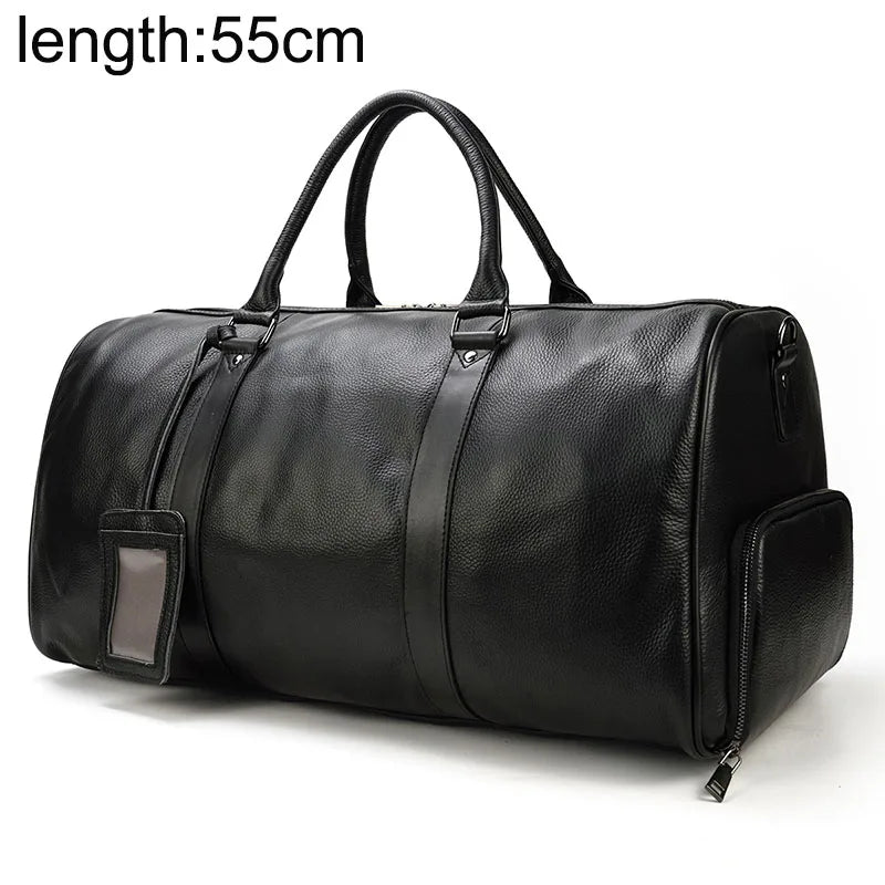 Große Reisetasche aus echtem Leder – Weiche Cowhide Travel Duffle Bag für Damen & Herren, schwarze Wochenend- & Schultertasche mit Schuhfach