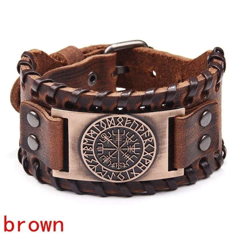 Totem Design Wide Leather Pirate Compass Bracelet Men's Bracelet Celtic Viking Jewelry Compass Bracelet Accessories Party Gifts