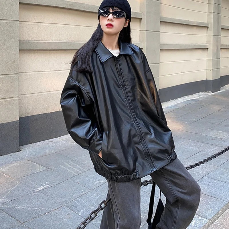 Koreanische Damen PU Lederjacke – Schwarze Lange Bikerjacke mit Reißverschluss, Streetwear Y2K Loose Fit für Herbst & Winter 2023