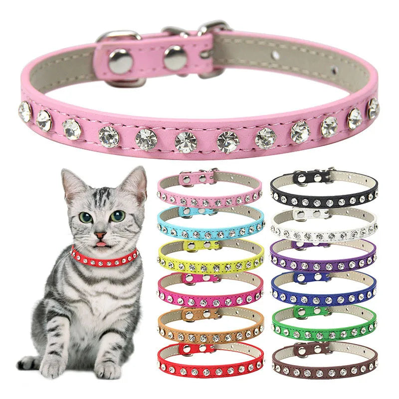 Bling Strass Hunde- & Katzenhalsband aus PU-Leder – Kristall-Diamant Halsband mit Leine für kleine Hunde (12 Farben)