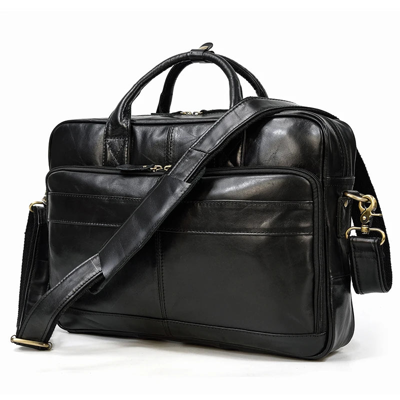 Luufan Herren Leder-Aktentasche - Maletín de cuero Vintage Crazy Horse para portátil de 15,6", bolso bandolera grande para negocios