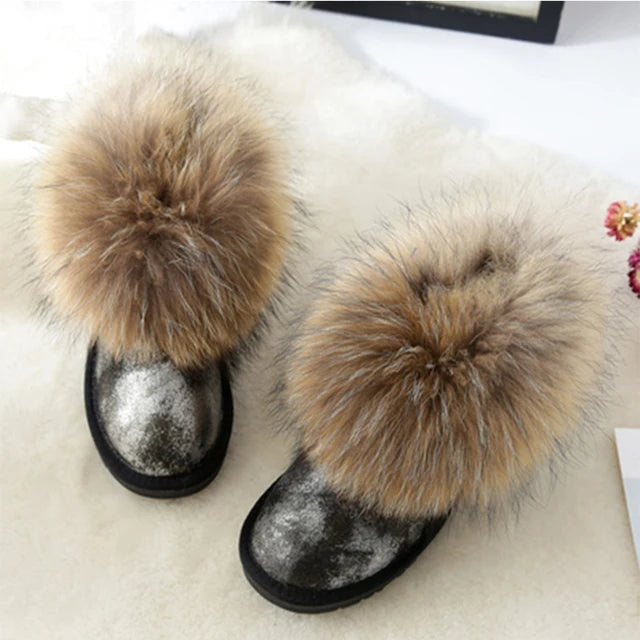 JOYHOPY Damen Schneestiefel aus echtem Leder – Knöchelhohe Winterboots mit warmem Fellfutter & flacher Sohle
