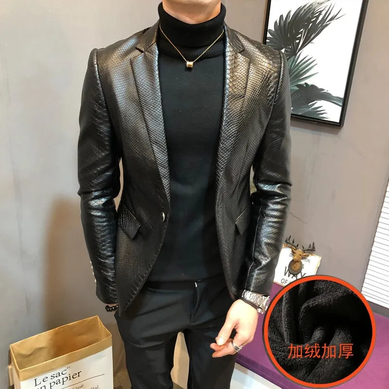 Herren PU Lederblazer mit Schlangenprägung – Slim Fit Smart-Casual Sakko mit Fleece-Futter für Business & Herbst/Winter