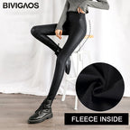 BIVIGAOS Damen Lederleggings Winter – Schwarze matte Fleece-Leggings Taille Haute, chaud et figurbetont 