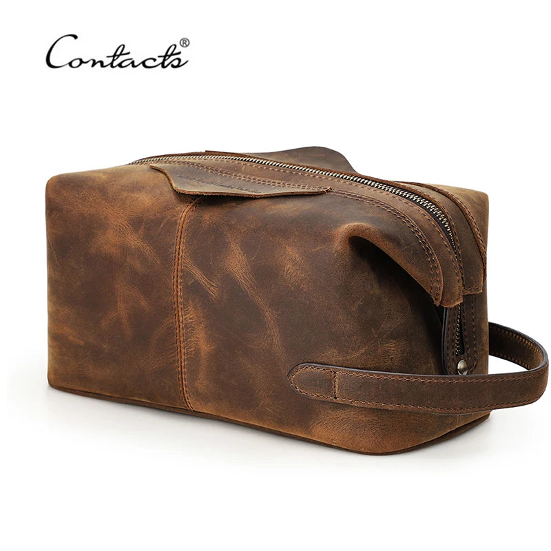 CONTACT’S Herren Hängender Echtleder Kulturbeutel – Vintage Crazy Horse Leder Toiletry Bag mit Reißverschluss
