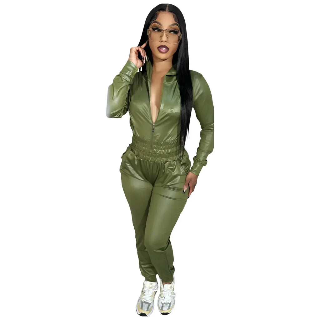 HIGH STREET PU Leder Damen Tracksuit – Kapuzenjacke mit Reißverschluss & Pencil Hose, Slim Fit Zweiteiler mit Taschen