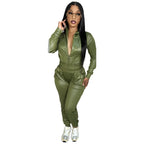 HIGH STREET PU Leder Damen Tracksuit – Kapuzenjacke mit Reißverschluss & Pencil Hose, Slim Fit Zweiteiler mit Taschen