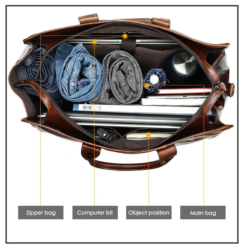 MAHEU Leder Reisetasche aus Glattleder – Unisex Vintage Travel Bag aus Rindsleder, Handgepäck mit großem Stauraum, Braun