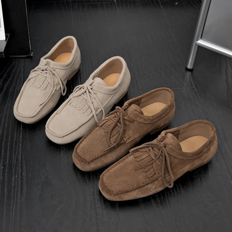 AIYUQI 2025 Damen Loafers – Cow Suede Mokassins mit quadratischer Spitze, flache Schuhe für große Größen, weiche bequeme Alltagsschuhe