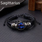 Zodiac Lederarmband mit Sternzeichen – Leuchtendes Vintage Multilayer Wickelarmband für Damen & Herren, 12 Sternzeichen Charm Armband
