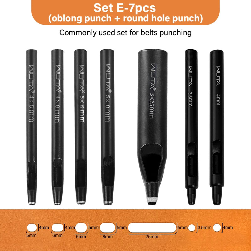 WUTA Basic Series Langloch Lederstanzer Set (3–7 tlg.) – Ovale Lochpfeifen aus Carbonstahl für Gürtel, Uhrenarmbänder & Lederarbeiten