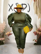 Damen Plus Size Zweiteiler Herbst &amp; Winter - Conjunto de patchwork de PU &amp; Strick mit Oberteil und Lederlook-Hose, Große Größen 2XL–5XL