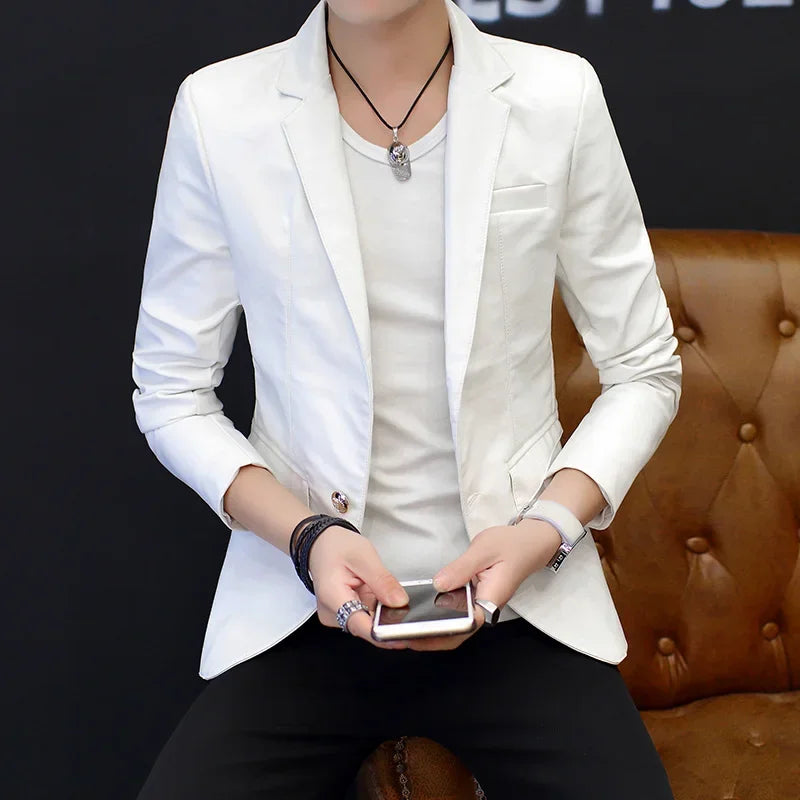 Herren PU Lederblazer 2025 im British Style – Einreihiges Slim-Fit Sakko für junge Männer, modisch & casual für Frühling und Herbst