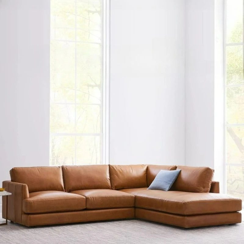 Amerikanisches Retro Ecksofa aus Echtleder – Antikbraunes L-Form Ledersofa aus Rindsleder mit Longchair, luxuriöses Wohnzimmer-Sofa