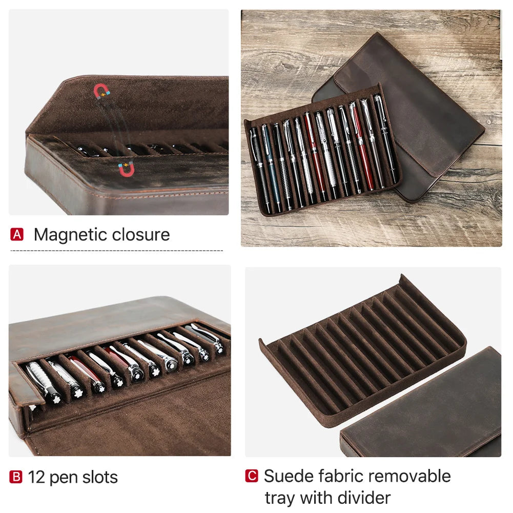 Luxuriöses Leder Füllfederhalter-Etui mit 12 Fächern – Hochwertige Stiftebox aus echtem Leder mit herausnehmbarem Einsatz