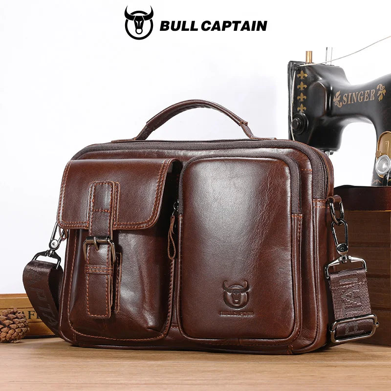 BULLCAPTAIN Herren Leder Crossbody Bag – Vintage Messenger & Business Briefcase mit Laptopfach