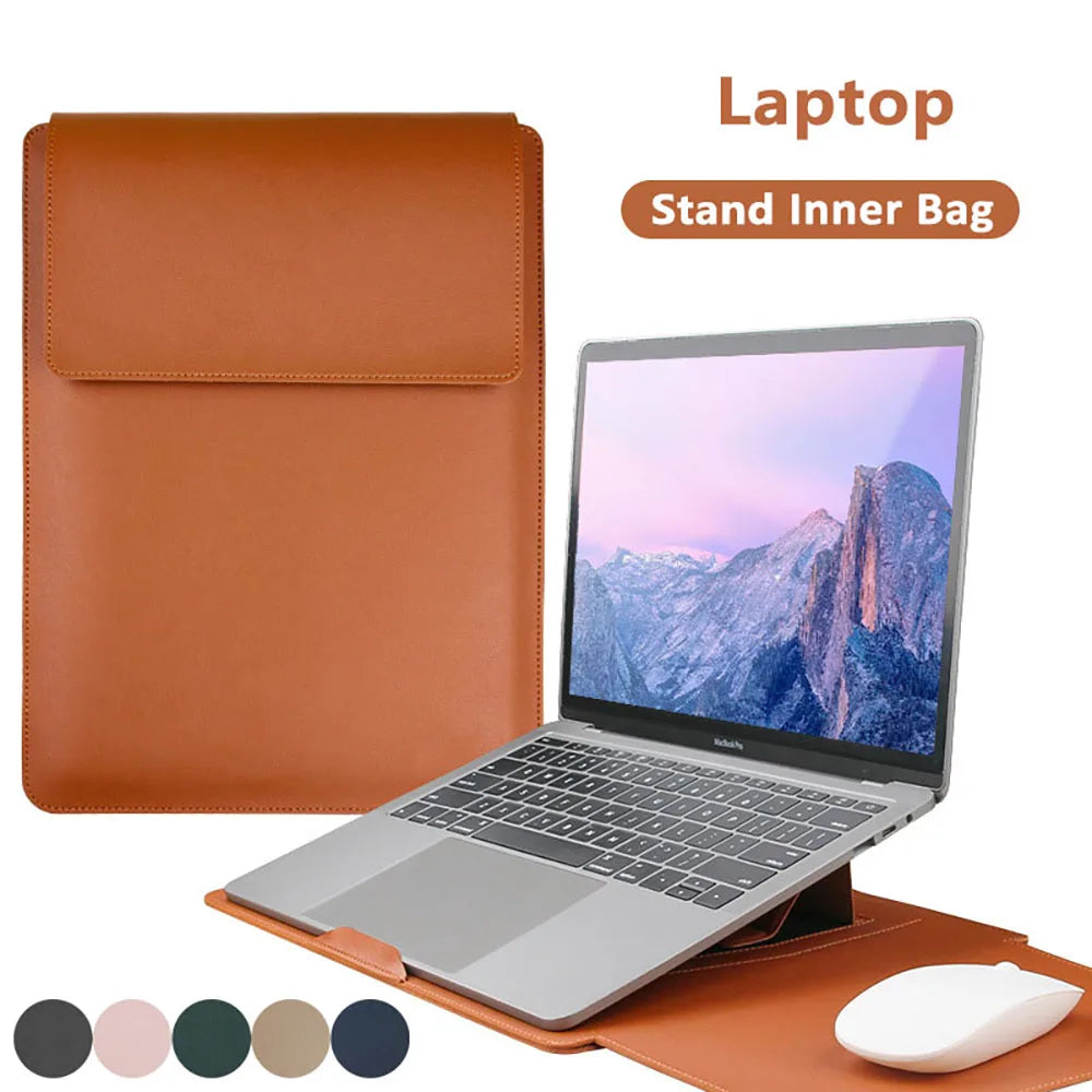 PU-Leder Laptop Sleeve – Wasserdichte Schutzhülle mit Standfunktion für 13–16 Zoll MacBook, HP, Lenovo, Samsung