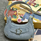 Damen Y2K Vintage Schultertasche – Retro Denim Hobos Bag mit Stern-Design, Zipper & Solider Farbe